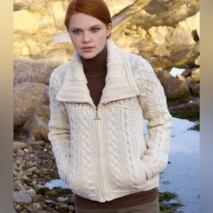 Aran Crafts Ireland Double Collar Zip Merino Aran Cardigan cream size small